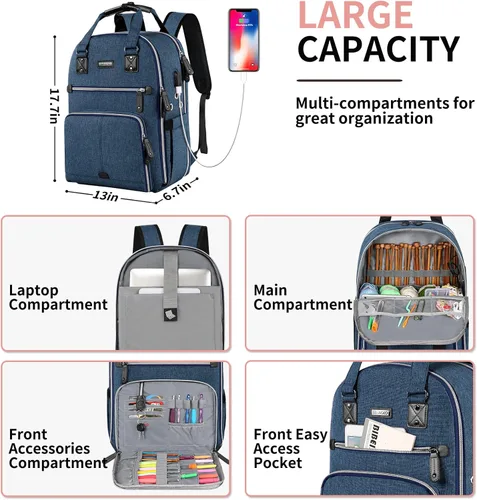 Miniatura 6 de SINVICKO Bolsa de ganchillo, mochila de tejido y organizador de bolsas con puerto de carga USB, bolsa grande de almacenamiento de hilo Azul