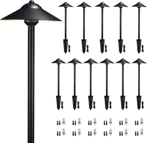 Miniatura 23 de Gardenreet Luces de camino de paisaje de latón, luces de camino de bajo voltaje de 12 V con cable, luces de jardín al aire libre LED impermeables