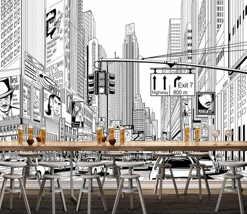 Miniatura 2 de Papel pintado en blanco y negro de la ciudad de Nueva York, mural de pared pintado a mano Times Square para decoración de sala de estar, dormitorio