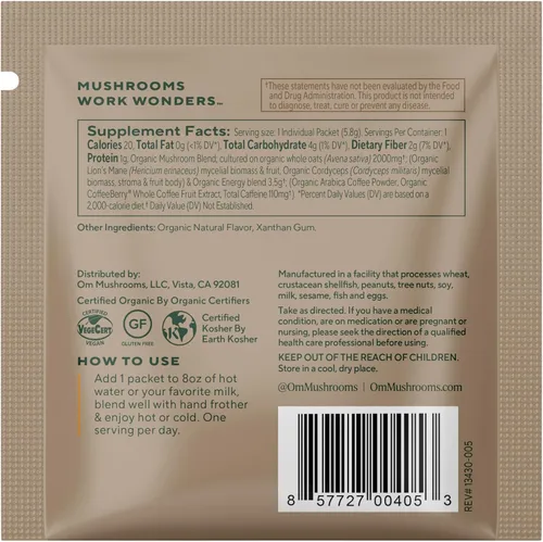 Miniatura 6 de Om Mushroom Superfood Mezcla de café en polvo de hongos, porción única, 10 unidades, granos arábica orgánicos, melena de león, cordyceps, cola