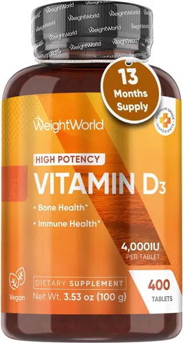 WeightWorld Vitamina D3 4000 UI (100 mcg) para fortaleza ósea, salud muscular y apoyo inmunológico | Suministro de 400 días | Vitamina D3 vegana
