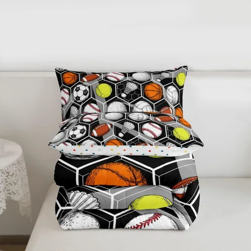 Miniatura 7 de Juego de ropa de cama de juegos de pelota, juego de edredón de baloncesto y fútbol, hexagonal, geométrico, deportivo, de plumón, béisbol, tenis
