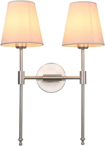 Miniatura 11 de PERMO Lámpara de pared doble clásica cromada 2 luces con pantalla de tela blanca acampanada para montaje en pared rústico