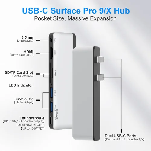 Miniatura 2 de Estación de acoplamiento para superficie con HDMI 4K, USB-C Thunderbolt 4 (pantalla+datos+100 W PD), 2 USB 3.0, audio de 0.138 in, lector