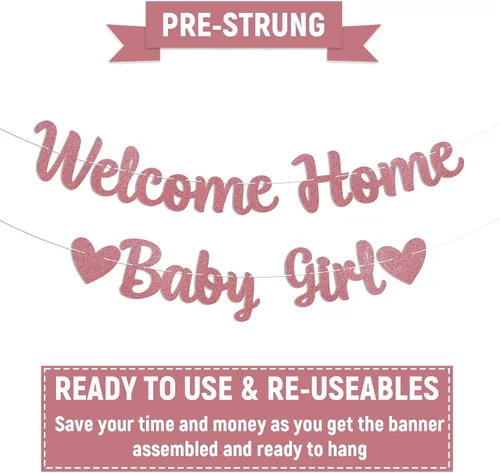 Miniatura 3 de Cartel de bienvenida a casa para bebé, decoración rosa para baby shower, revelación de género, decoración interior y exterior, purpurina dorada rosa