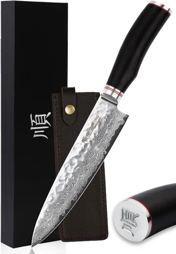 YOUSUNLONG Cuchillo de chef – Cuchillos de cocina Gyuto de 8 pulgadas – Cuchillo afilado – Acero de Damasco martillado japonés – Mango de ébano