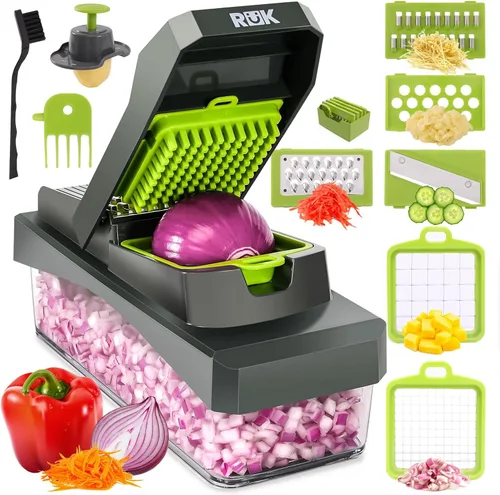 RüK Picador de verduras 10 en 1 – Picador de verduras de 6 cuchillas con contenedor, cortador de alimentos, cortador de cebolla, rallador de queso,