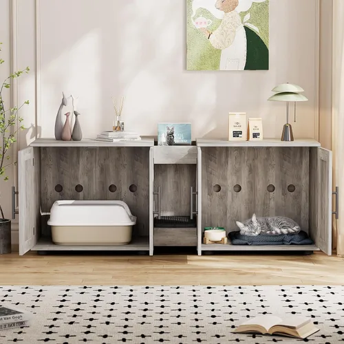 Miniatura 2 de GAOMON Caja de arena con doble jaula, casa para gatos, caja de arena oculta para 2 gatos, muebles de madera cerrada para gatos, 55 pulgadas de largo