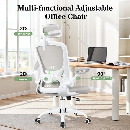 Miniatura 5 de BESTFAIR Silla de oficina ergonómica, sillas de oficina de malla transpirable con soporte lumbar ajustable, brazos abatibles, silla de escritorio