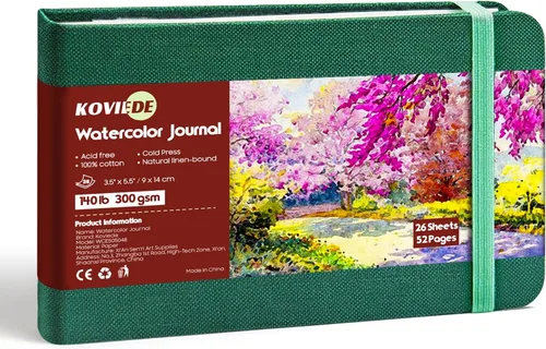 KOVIEDE Diario de acuarela de 5.5 x 3.5 pulgadas, 140 libras/300 GSM, 100% algodón, cuaderno de bocetos de acuarela de prensa en frío sin ácidos,