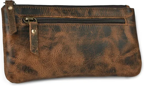 LEATHER VILLAGE Estuche de Cuero para Lápices y Bolígrafos - Marrón Rústico/Vintage - 8"X4" - Doble Bolsillo - Elegante y Práctico Estuche con