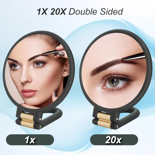 Miniatura 3 de 1 espejo de viaje con aumento, espejo de mano con mango - Espejo de mano de doble cara con 1 aumento de 20x y mango plegable, espejo de mano