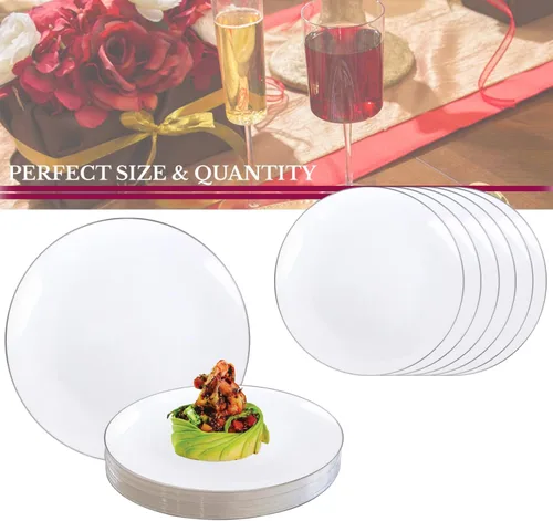 Miniatura 5 de Platos de ensalada de plástico desechables con diseño de borde, vajilla redonda orgánica a granel para 120 invitados para bodas, cumpleaños y todas