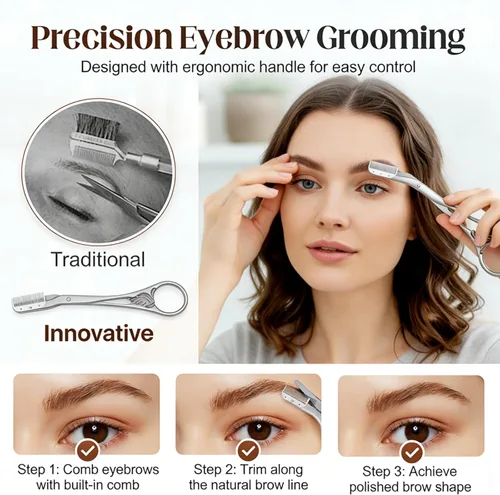 Miniatura 5 de Tijeras de corte de cejas con peine, tijeras de cejas 2 en 1 para mujeres, cortador de cejas de precisión de acero inoxidable, herramienta de Negro