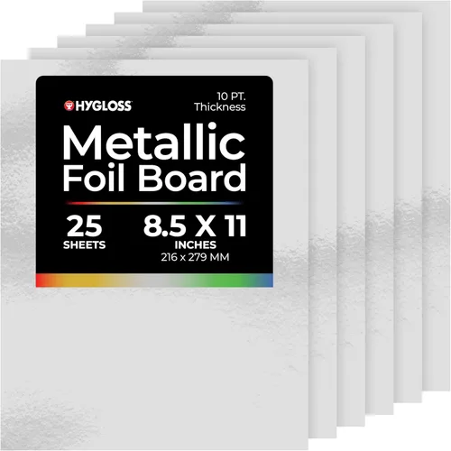 Hygloss Hojas de cartulina metálica, 25 hojas plateadas brillantes, 8.5 x 11 pulgadas, resistentes, 10 puntos, papel de cartón metálico para Plata