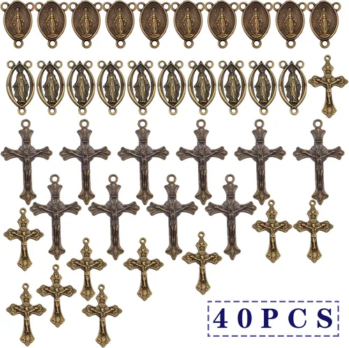 Miniatura 2 de 40 piezas de 4 estilos de cruz y centro de rosario de aleación tibetana María milagrosa medalla Jesús Crucifijo Crucifijo y eslabones ovalados