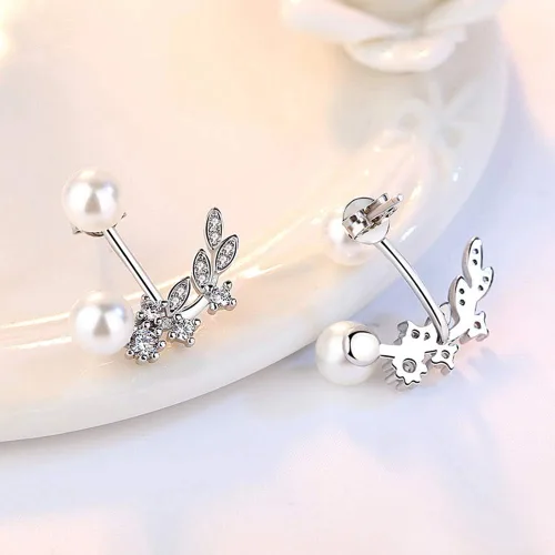 Miniatura 4 de Juego de aretes tipo chaqueta de oreja de plata de ley 2 en 1 con circonita cúbica