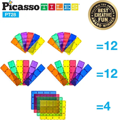 Miniatura 4 de PicassoTiles Juego combinado de 28 azulejos magnéticos + ladrillo magnético y azulejos, 12 x 9 pulgadas, 12 x 3 pulgadas, base grande de 9 x 3