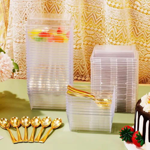 Miniatura 4 de DI QIU REN Paquete de 150 tazas de postre de plástico de 5 onzas con mini cucharas doradas y tapas, tazas de yogur transparente para parfait sirven