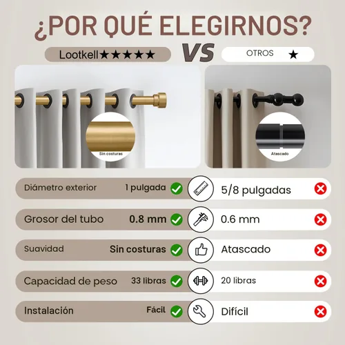 Miniatura 6 de Lootkell Barras de cortina modernas doradas para ventanas de 48 a 84 pulgadas, longitud ajustable, resistente, 1 pulgada de diámetro, con remates