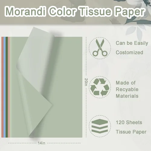 Miniatura 2 de 120 hojas de papel de seda de regalo de la serie Morandi para bolsas de regalo, 20 x 14 pulgadas, verde salvia, verde oscuro, canela, azul claro