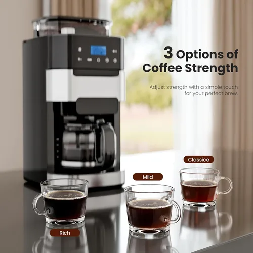 Miniatura 5 de Electactic Cafetera de goteo de 10 tazas con molinillo integrado, moler y preparar programable, máquinas de café con pantalla táctil LED
