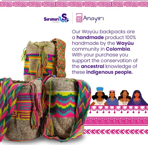 Miniatura 5 de Mochila tipo cesta Wayuu colombiana 100% auténtica, hecha a mano, producto artesanal, bolsa de viaje cruzada, diseño único, Mo-beige-170, Wayuu