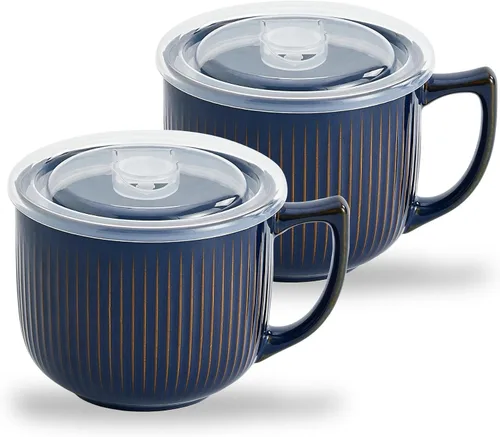 Tazón de sopa de cerámica con asa de 32 onzas – Tazón de ramen para microondas con tapa, tazas y tazas de sopa para cereales, avena, ramen, fideos
