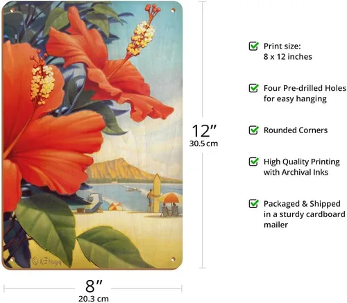 Miniatura 2 de Kerne Erickson - Cartel de viaje hawaiano vintage de madera de 8 x 12 pulgadas, diseño de hibisco rojo, diseño de hibisco rojo