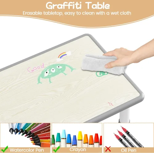 Miniatura 4 de GAOMON - Juego de mesa y 6 sillas para niños, mesa y silla ajustables en altura para niños de 2 a 10 años, escritorio con graffiti, patas Gris