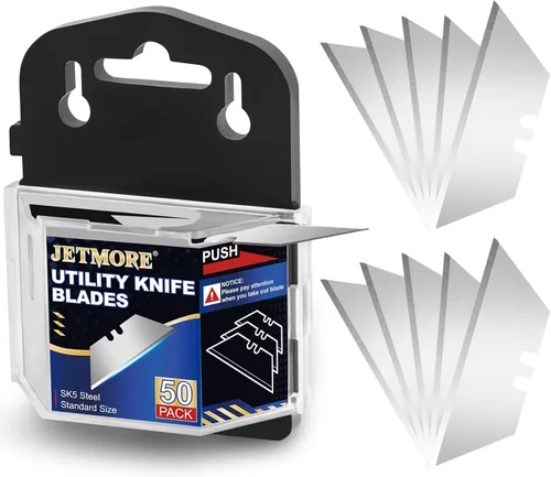 JETMORE - Hojas de cuchillo utilitario, paquete de 50 hojas para cortador de caja, hoja de acero SK5 de alto carbono, hoja de tamaño estándar para