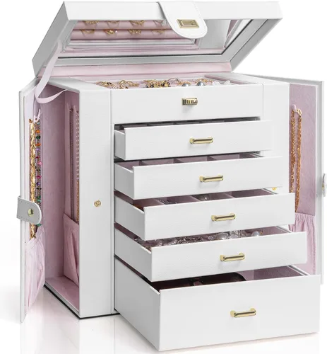AKOZLIN - Organizador de joyería extra grande de 6 niveles con espejo, estuche de joyería de cuero con 5 cajones para mujeres y niñas, para anillos,