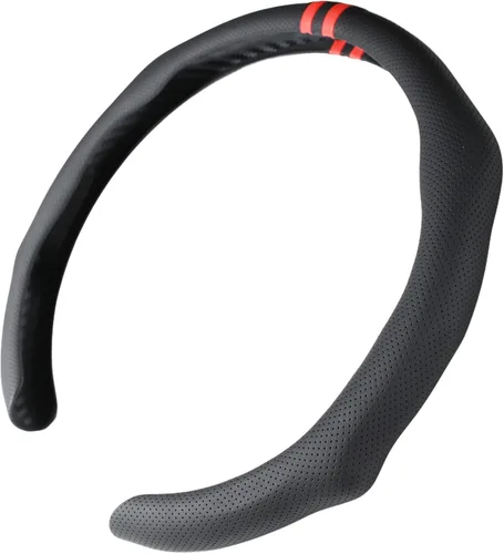 Instalación rápida Funda de volante de cuero Nappa perforado con estilo deportivo y rayas rojas, ajuste universal de 14½" a 15" para automóvil, SUV,