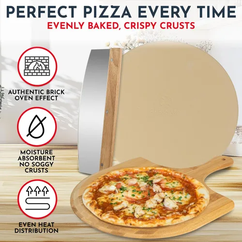 Miniatura 6 de Juego de 3 piedras redondas para pizza para horno de 15" - Viene con pala de pizza para horno y cortador - Piedras de cordierita para pan, calzone