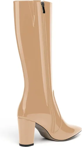 Miniatura 68 de AMBELIGHT Botas altas hasta la rodilla con cremallera y puntera puntiaguda para mujer, de patente sólida, tacón alto, 3.3 pulgadas
