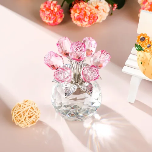 Miniatura 3 de YWHL Figurilla de Flor de Rosa Rosa de Cristal Hecha a Mano con Jarrón Redondo, Regalos de Rosas para Novia, Esposa, Hermana, Regalos Románticos