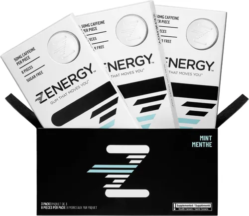 ZENERGY Goma de mascar energética, 50 mg de cafeína por pieza con vitaminas B6 y B12, 0 calorías, sin azúcar y gluten, sin OMG, vegano y sin