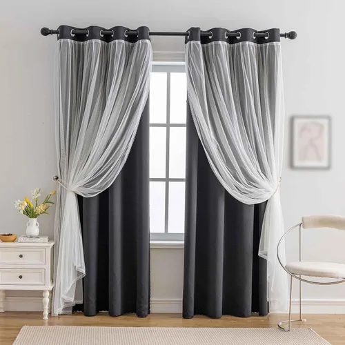 Miniatura 12 de indistar Cortinas Oscuras para el Hogar de Doble Capa con Capa Sólida y Transparente, Par de Paneles de Cortina con Ojales en la Parte Superior, 52