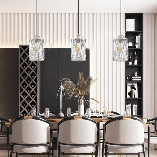 Miniatura 5 de Paquete de 2 lámparas colgantes de isla de cocina con pantalla de cristal de 5.4 pulgadas, acabado de níquel cepillado, moderno accesorio colgante