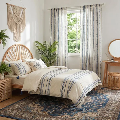 Miniatura 7 de Juego de 2 paneles de cortinas de lino bohemio, cortinas de semi privacidad para sala de estar, cortinas rústicas de campo de 54 pulgadas de largo