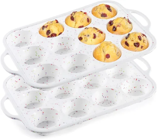 Miniatura 10 de CAKETIME Molde para mini muffins, molde para mini cupcakes con marco reforzado de metal, moldes para muffins de silicona antiadherentes con asa