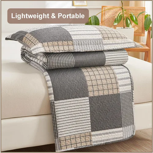Miniatura 6 de Juego de ropa de cama a cuadros marrón y negro, 3 piezas, tamaño queen, colcha con estampado de parches a cuadros, cubrecama reversible, decoración