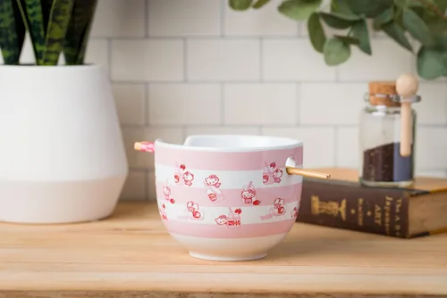 Miniatura 9 de Silver Buffalo Sanrio Hello Kitty Tazón de Cerámica para Fideos Ramen y Arroz con Patrón de Leche de Fresa, con Palillos, Apto para Microondas, 20