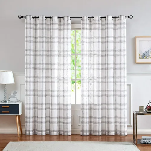 Miniatura 13 de Dos paneles de cortina Randall de lino con diseño geométrico de cuadros para ventana, mezcla de lino, con ojales semitransparentes, estilo rústico