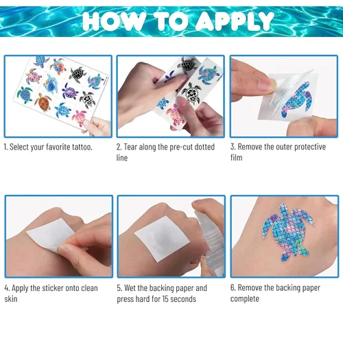 Miniatura 5 de 96 tatuajes temporales precortados de tortuga para niños Recuerdos de fiesta de cumpleaños temáticos súper lindos, suministros, decoraciones
