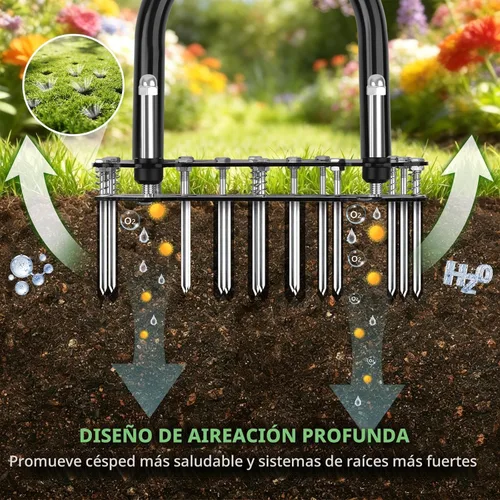 Miniatura 2 de Aireador de césped ajustable con resorte de rebote – 16 picos de metal afilados aireador de suelo con mango ergonómico en T y placa de pie ancha
