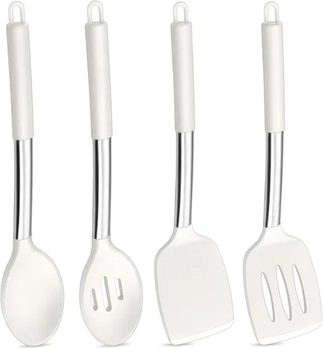 Miniatura 11 de P&P CHEF Juego de 4 utensilios de cocina de color caqui, espátulas sólidas de silicona, cucharas ranuradas para utensilios de cocina antiadherentes