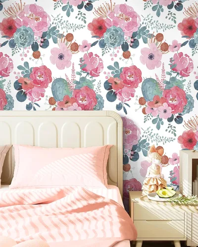 Miniatura 5 de HAOKHOME - Papel pintado floral para despegar y pegar, acuarela, cactus, blanco/rosa/verde/azul marino, vinilo autoadhesivo, papel de contacto