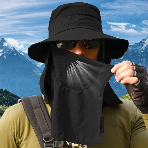 Miniatura 5 de Sombrero de pesca para hombre, sombrero de protección solar con malla extraíble, cubierta de solapa para el cuello, correa resistente al viento