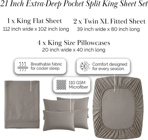 Miniatura 117 de Southshore Fine Living, Inc. Juego de 7 piezas de sábanas King divididas para cama ajustable, juego de sábanas King divididas con bolsillo de 21